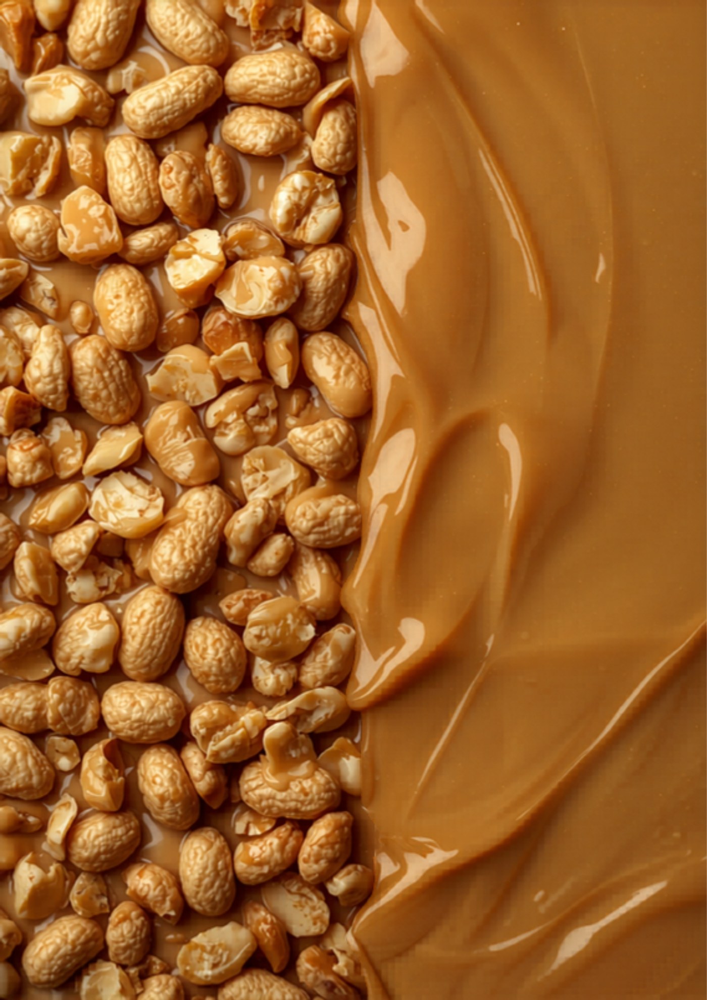 Abstract illustration of crunchy peanuts beside a smooth swirl of peanut butter in warm tones