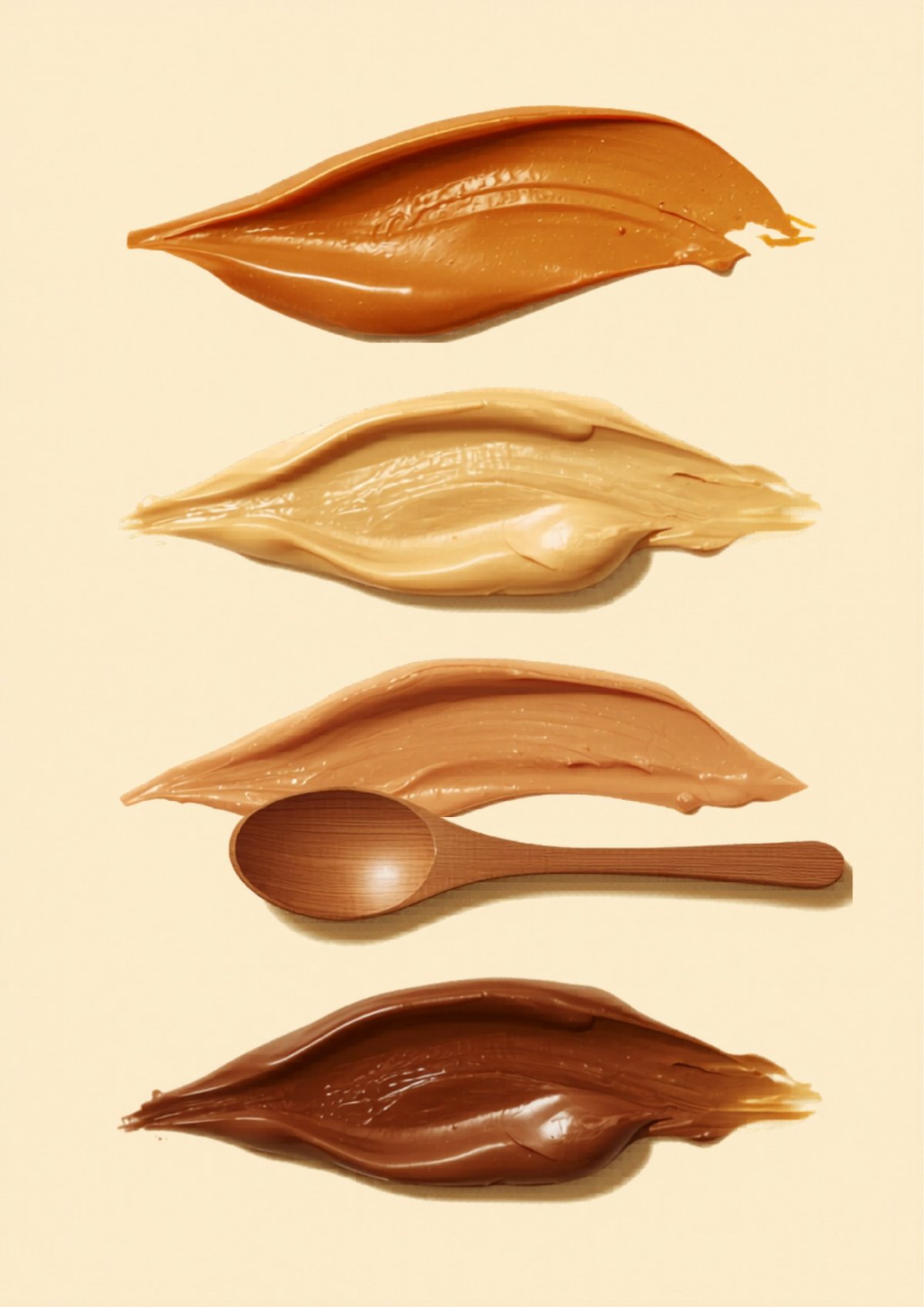 Abstract overhead illustration of a lineup of nut butter smears in warm cream and amber tones with a wooden spoon